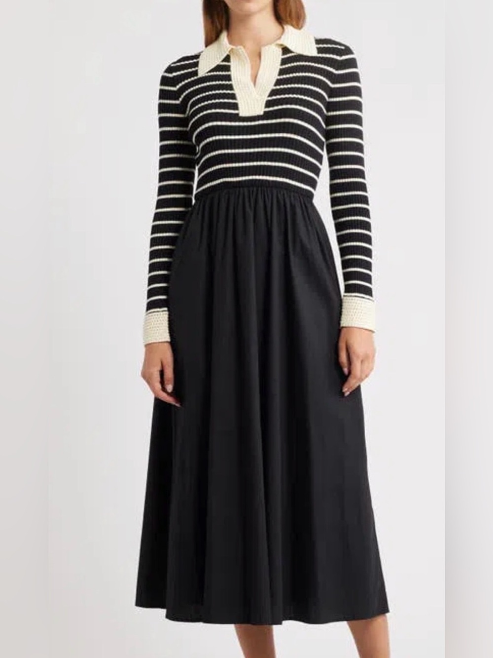 Moon River Stripe Long Sleeve Twofer Midi Dress In Black and Cream - Picture 4 of 4
